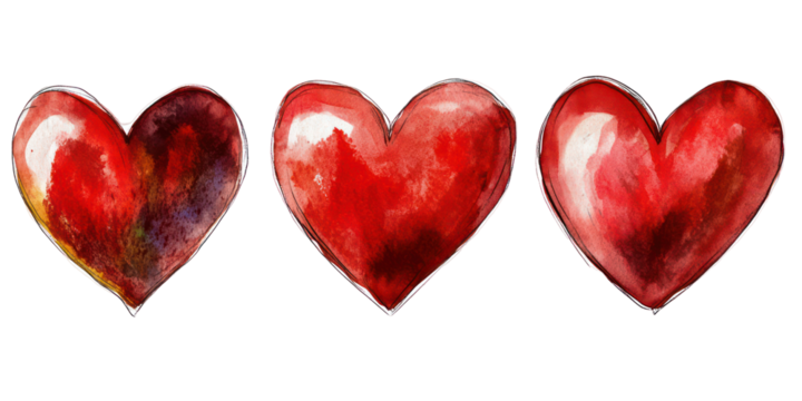 Watercolor valentine hearts, romantic love symbols, isolated on transparent background - Powered by Adobe