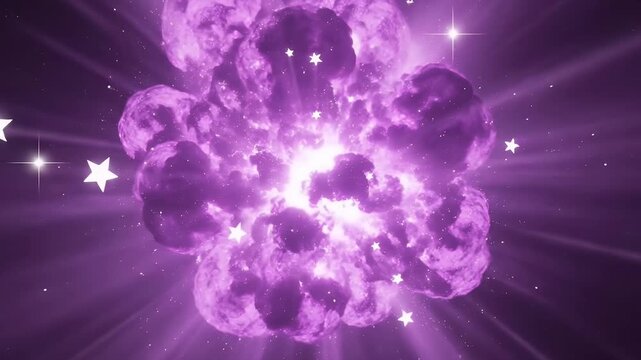 This mesmerizing abstract animation features a vibrant purple explosion or cloud-like burst at its center, radiating brilliant light and energy. Numerous white stars of varying sizes sparkle and float