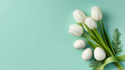 A collection of white tulips, decorated eggs, and a green ribbon placed on a pastel backdrop with space for text, ideal for Easter themes and promotions