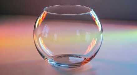 Empty glass fishbowl ready to be filled with water and plants, showing strong reflections and curved light refraction, clarity, ecology, supplies