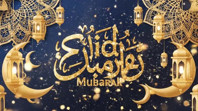 Eid Mubarak with gold calligraphy crescent moons lanterns ornate gold patterns on a navy blue background