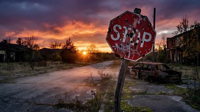 A desolate and atmospheric wide shot captures a heavily damaged stop sign standing firm on a cracked, overgrown asphalt road at dusk or dawn. The vivid orange and purple hues of the sky dramatically b