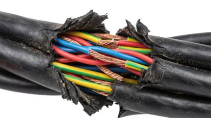 Cut Electrical Cable With Exposed Copper Wires isolated on transparent background