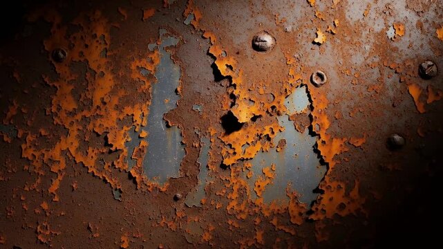 A captivating close-up reveals a heavily textured and weathered metal surface, showcasing the intricate patterns of deep rust and extensively peeling paint. Vibrant orange and warm brown hues dominate