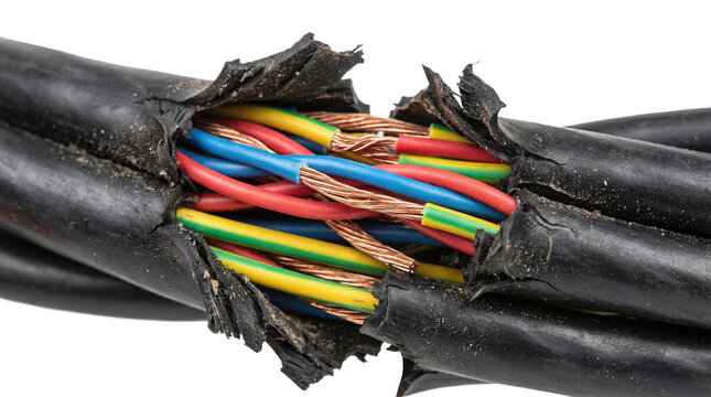 Cut Electrical Cable With Exposed Copper Wires isolated on transparent background