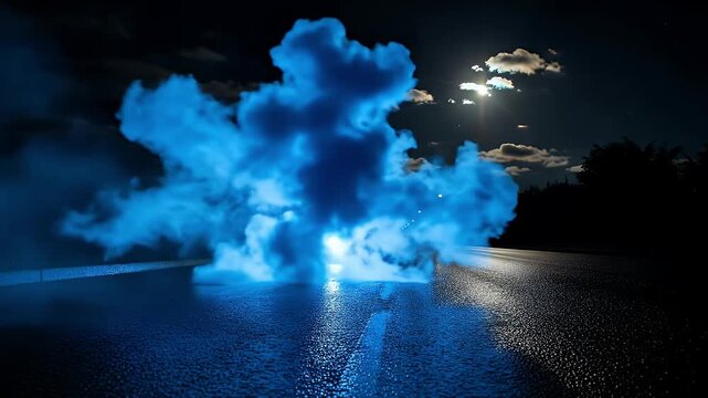 A dynamic bright light erupts on a wet, reflective road surface at night, emitting a thick, vibrant blue smoke or fog that expands and eventually disperses into the dark, moonlit sky. The dramatic ill