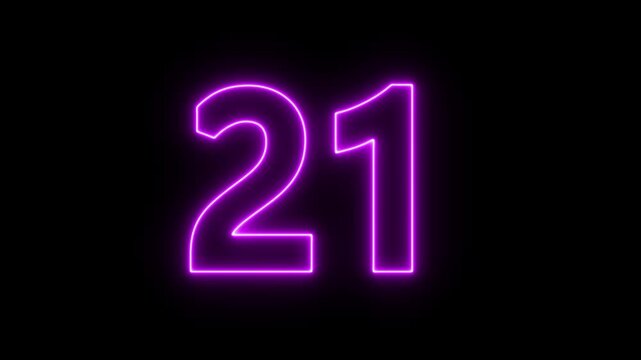 flickering neon number 21 on black background. glowing neon text 21 number countdown icon.