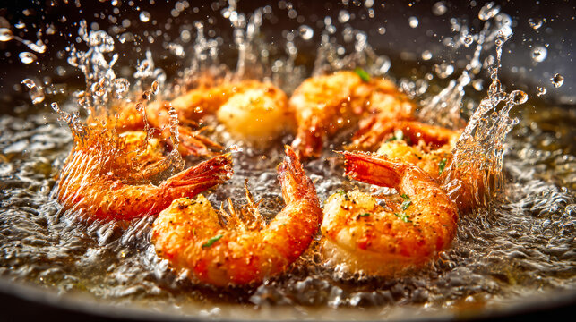 Deep-fried shrimp are splashing in hot oil in a frying pan. The scene shows vivid splashes and bright colors illuminated by natural light