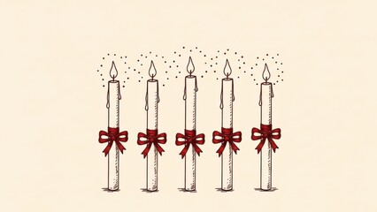 Elegant candles with red bows on a beige background for Christmas decoration