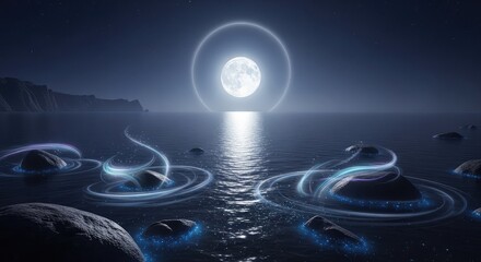 Glowing full moon over serene water with mystical glowing swirls around rocks in foreground at night
