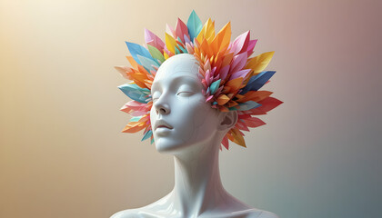 Serene white mannequin with vibrant colorful leaf crown on head