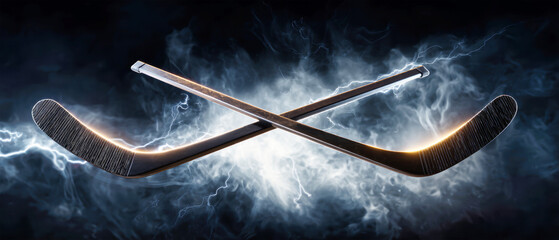 Two dark hockey sticks are positioned in a dynamic pose as they clash for a puck against a dramatic background of lightning and fire