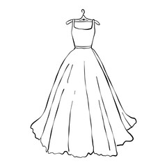 Simple hand drawn ink of long leg wedding dress. Isolated vector element on white background