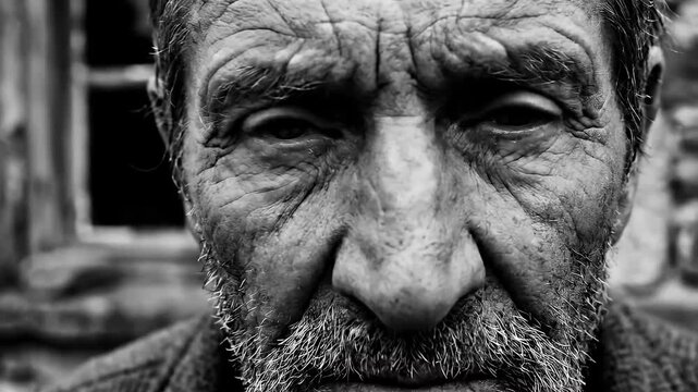 A powerful black and white close-up captures the raw essence of an elderly man with a weathered face and a prominent gray beard. Deep wrinkles etch his skin, telling tales of a life lived, while his i