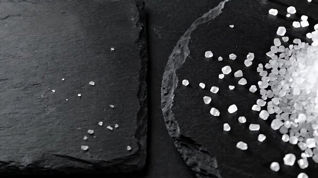 A captivating close-up shot features large, sparkling white crystals, resembling gourmet sea salt, accumulating on a richly textured, dark slate surface. The rugged, natural black stone provides a dra