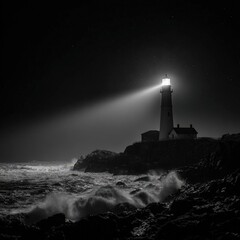 Lighthouse Shining Over Rocky Coast At Night