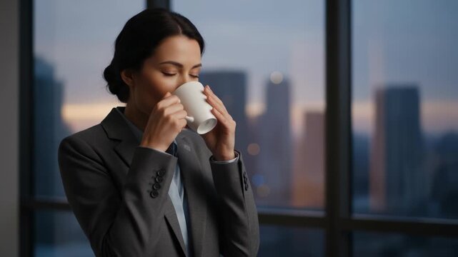 Calm businesswoman sipping coffee, morning office window view, sunrise light, peaceful mood, city skyline blur, quiet break, warm cup