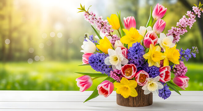 Vibrant colorful spring flowers in a rustic vase on a table outdoors