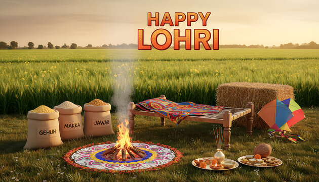 Celebrate Lohri with a vibrant farm scene featuring a traditional bonfire, grain sacks (Gehun, Makka, Jawar), kites, and sweets under a clear sky. A perfect tribute to India&rsquo;s harvest festival.
