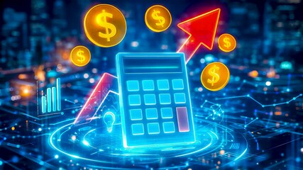 Digital Financial Calculator with Rising Profit Arrows and Coin Indicators Showing Investment Growth Analysis, Revenue Tracking and Smart Finance Systems - Powered by Adobe