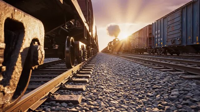 Freight trains pass on parallel tracks at sunset. Golden hour light illuminates the railway. Industrial transportation background.