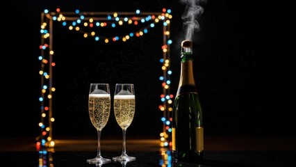 Champagne celebration with two glasses and bottle on black background
