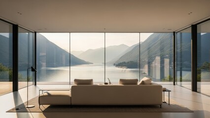 Modern living room with stunning lake and mountain view