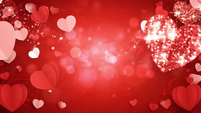 A vibrant red background filled with shimmering glitter hearts, delicate paper-cut hearts, and soft bokeh lights. This romantic animation features a beautiful frame of floating hearts and subtle flora