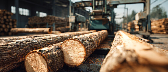 Numerous freshly cut trees rest on wooden boards as powerful saws process them in a dynamic woodworking shop bursting with industrial activity