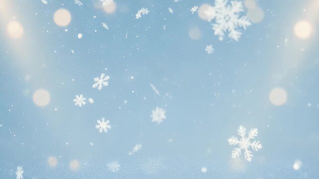 A mesmerizing winter wonderland background, featuring an ethereal light blue gradient backdrop adorned with gracefully falling white snowflakes of varying sizes and focus. Soft, golden bokeh lights tw