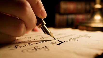 Hand writes elegant script with a golden fountain pen on antique paper. Warm cinematic light highlights the historical ambiance. Evokes literature.