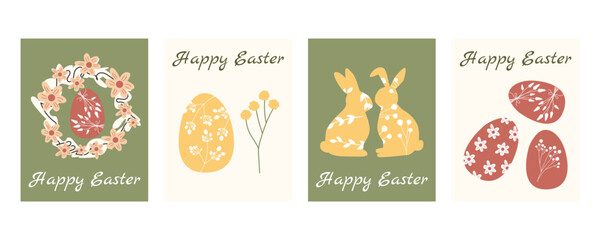 Easter greeting card and banner set with bunnies, wreaths, eggs and spring floral elements