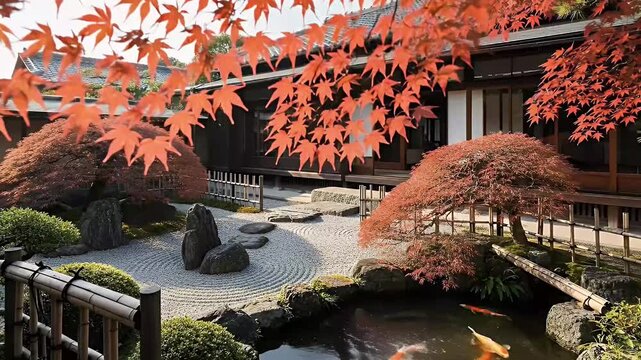 This serene video captures the tranquil beauty of a meticulously maintained traditional garden during the vibrant autumn season. Lush, fiery red maple leaves gracefully frame the scene, leading the ey
