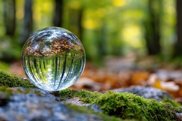 Crystal Ball on Mossy Rock in Autumn Forest
