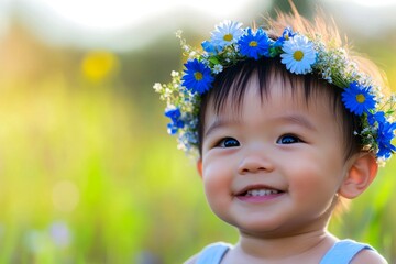 Sunny daylight. Smiling asian toddler boy with tt hair wearing blue flower crown on his head. Happy holiday season holidays idea. Happy little traveler. Child with floral crown.