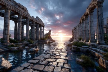 Flooded Ancient Temple Ruins at Golden Hour