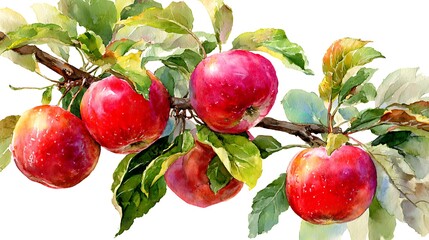 Obraz premium Watercolor illustration of a branch laden with ripe red apples and vibrant green leaves
