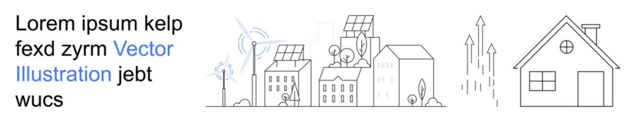 Naklejka premium Renewable energy, sustainability, eco living, green technology, clean energy, future housing. A row of buildings with solar panels and wind turbines next to a house. Renewable energy