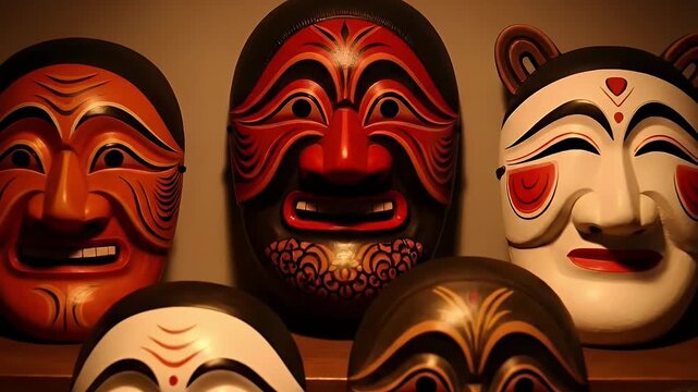 A captivating display of intricate, traditional masks fills the frame, showcasing a rich tapestry of cultural artistry. Each mask features unique painted designs, vibrant colors such as red, white, bl