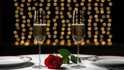 Romantic dinner setup with champagne glasses and red rose