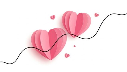 Paper cutout pink hearts with black wire on white background