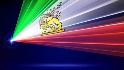 Laser flag of iran lion and sun. Iranian abstract flag. Protest, riot, revolution. Laser show on dark background. Template banner, poster for national holiday iran. Place for text. Copy space. Vector © valerybrozhinsky