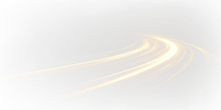 Golden curved lines and light trails create an abstract design on a transparent background with gentle movement and flow