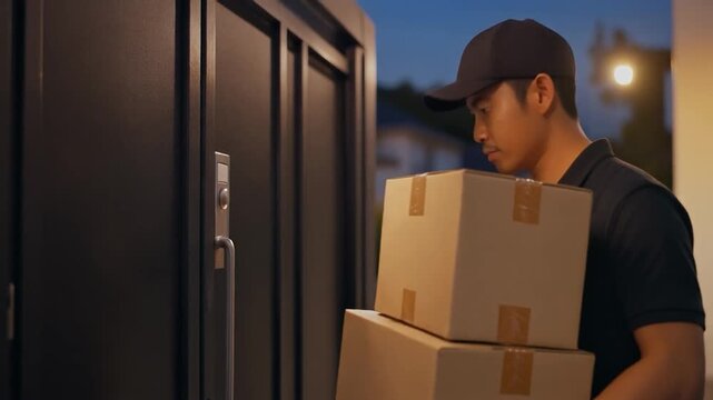 Delivery man ringing doorbell with packages at dusk, logistics footage representing delivery service.