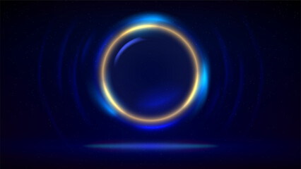 Obraz premium Stage, circular gold light frame on dark background. Illuminated stage, dark blue backdrop. Blue glowing glass circle. Shining light ring. Background for displaying products, text, copy paste. Vector