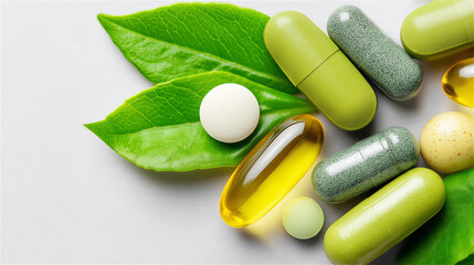 Assorted dietary supplement capsules and softgels with fresh green leaves on white background. Wellness and vitamins concept for healthy lifestyle, natural nutrition, copy space.