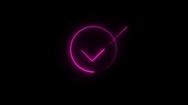 Glowing light neon blue color check mark icon animation tick success done accept complete correct confirm finishing checkbox sign symbol on black background,4k motion video..