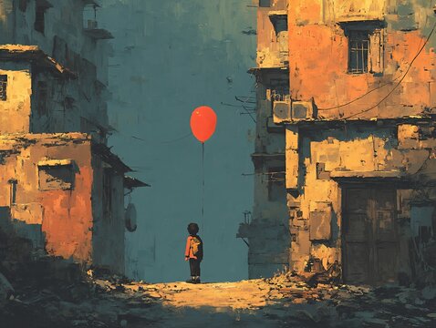 Child standing in an alley of a slum holding a bright balloon symbolizing hope and joy