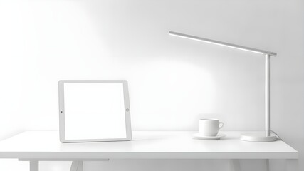 Minimal white workspace with modern desk lamp tablet and coffee cup on clean table creating bright Scandinavian style home office with copy space and soft daylight