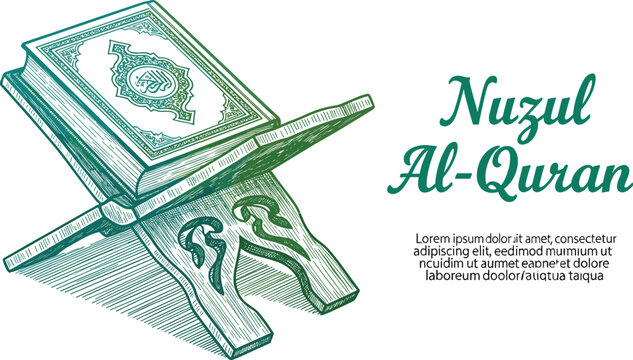 Detailed green ink sketch of the Holy Quran on a rehal for Nuzul Al-Quran religious holiday celebration.